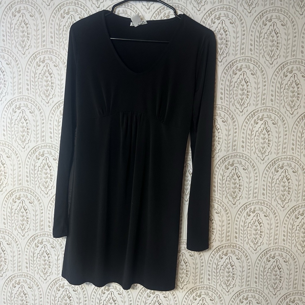 Motherhood Maternity Dress Sz M Black Ruched Top Long Sleeve Stretch Waist Tie